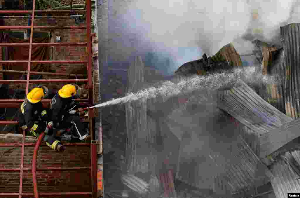 Firefighters work to douse a fire in a warehouse where blankets were stored in Kathmandu, Nepal.