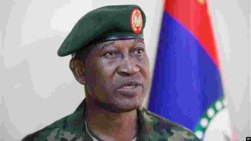 Brig. Gen. Chris Olukolade speaks to journalists from The Associated Press in an interview in Abuja, Nigeria, on Thursday, May 30, 2013.