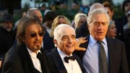 Actor Al Pacino, from left, director Martin Scorsese and actor Robert De Niro pose for photographers upon arrival at the premiere of the film 'The Irishman' as part of the London Film Festival, in central London, Sunday, Oct. 13, 2019.