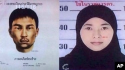 ထိုင်းနိုင်ငံ၊ ဘန်ကောက်မြို့ ဧရာဝဏ်နတ်ကွန်းဗုံးခွဲမှုအတွက် ရဲတပ်ဖွဲ့က ထုတ်ပြန်ကြေညာထားတဲ့ သံသယရှိသူနှစ်ဦးရဲ့ ကောက်ကြောင်းရုပ်ပုံ။ (သြဂုတ် ၃၁၊ ၂၀၁၅)