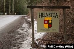 The sign welcomes visitors to the small town of Helvetia, in West Virginia.