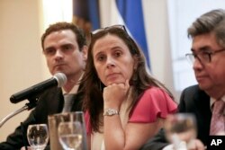 La relatora de la Comisión Interamericano de DD.HH. para Nicaragua, Antonia Urrejola, durante conferencia de prensa en Managua, Nicaragua, el lunes 21 de mayo, de 2018.