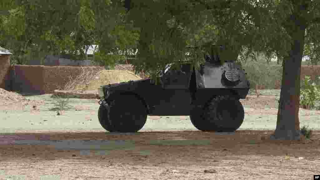 A military armoured vehicle is stationed under a tree during a military patrol near Maiduguri.