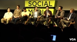Scott Davison (3rd from the right) of tech startup Jewelbots participates in a panel discussion during Social Media Week in New York City (VOA/R.Taylor).