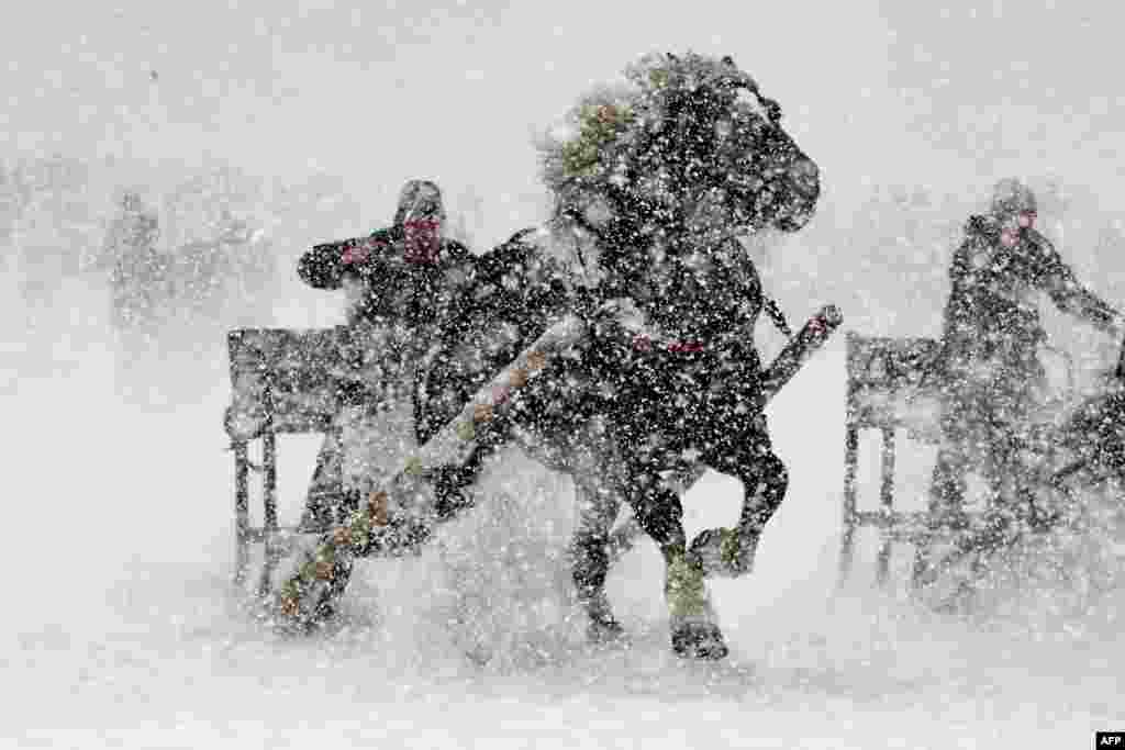 A participant of a horse-drawn sleigh race drives his sleigh through the snow in Rinchnach, southern Germany.