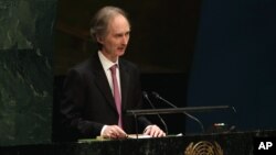 FILE - Norway's Ambassador Geir O. Pederson addresses the United Nations General Assembly.