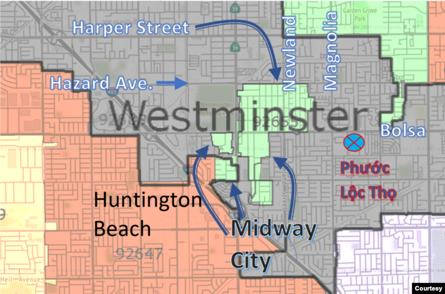 Midway City bị xé lẻ, bao bọc hầu hết bởi Westminster với một cạnh ngắn giáp ranh Huntington Beach. (Hình: Vũ Quí Hạo Nhiên, trên nền zipmap.net)
