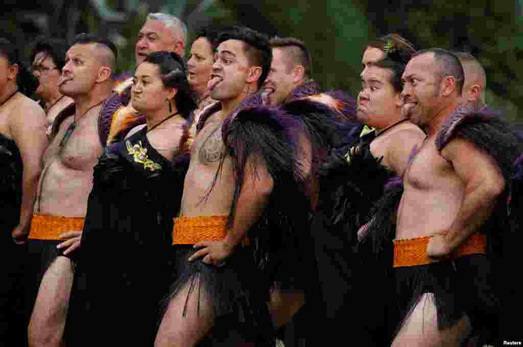 Maori warriors are seen during a welcome ceremony for Britain&#39;s Prince Harry and Meghan, Duchess of Sussex, at Government House in Wellington, New Zealand.