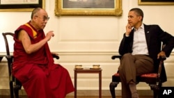 President Barack Obama meets with Dalai Lama in the Map Room of the White House, July 16, 2011