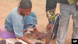 Vendor sells bats and other bush meat in market outside Yaounde, Cameroon