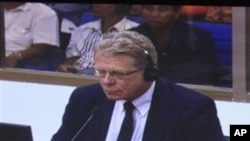 David Chandler, a researcher and author who writes a book about Khmer Rouge history, seen in a screen at the court press center of the U.N.-backed tribunal in Phnom Penh, in 2009. 