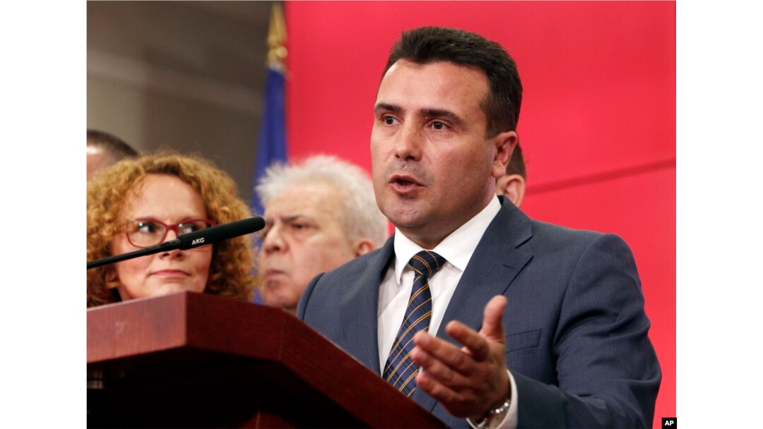 Macedonian Prime Minister Zoran Zeav addresses the media during a news conference in the Government building in Skopje, Macedonia, June 12, 2018.