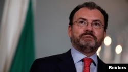 FILE - Mexican Foreign Secretary Luis Videgaray speaks with reporters during a photo opportunity with U.S. Secretary of State Rex Tillerson (unseen) at the State Department in Washington, Aug. 30, 2017. 