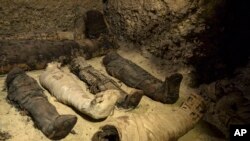 Sejumlah mumi di ruang pemakaman yang baru ditemukan di Provinsi Gurun Minya, selatan Kairo, Mesir, Sabtu, 2 Februari 2019. (Foto: AP)