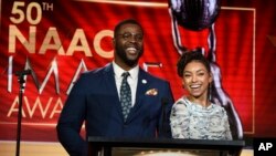 Winston Duke (L) and Logan Browning announce nominations for the 50th annual NAACP Image Awards during TV One's Winter Television Critics Association Press Tour on Feb. 13, 2019, in Pasadena, Calif.