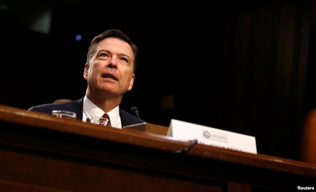 Former FBI Director James Comey testifies before a Senate Intelligence Committee hearing on Russia's alleged interference in the 2016 U.S. presidential election on Capitol Hill in Washington, June 8, 2017.