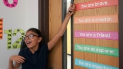 Fifth grade student Alondra Gomez shows how to tie a door shut in a exercise at Pinnacle Charter School during TAC*ONE training for an active shooter situation in a school in Thornton, Colorado, U.S. August 29, 2019.