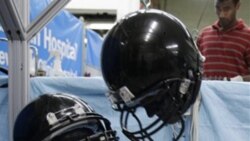 Two football helmets during tests last week at the Cleveland Clinic's Lutheran Hospital in Cleveland