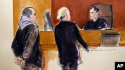 In this courtroom drawing, Elvis Redzepagic, left, appears during his arraignment on charges that he attempted to provide material support to a foreign terrorist organization.