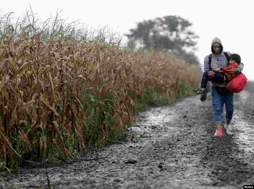 A migrant carries a child as he walks to cross the border into Croatia, near the town of Sid in Serbia.