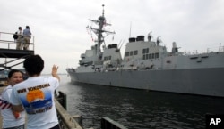 FILE - The U.S. Navy guided-missile destroyer USS McCampbell arrives at Yokosuka naval base, south of Tokyo, July 9, 2007.