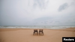 Empty sunbathing chairs are seen on a beach near hotels in a tourist area in Bentota, Sri Lanka, May 2, 2019. Net hotel bookings dropped 186% after the Easter attacks compared to a year earlier.