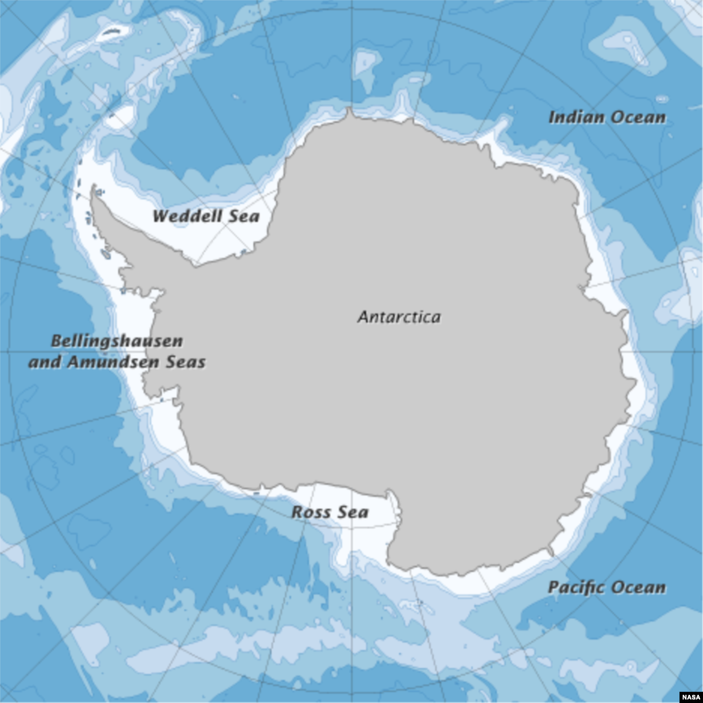La Antártida es el continente ubicado más al sur en todo el Planeta. La Península Antártica, muestra niveles sin precedentes de efectos del calentamiento global. (NASA, mapa de Robert Simmon).