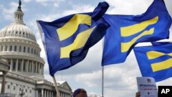 FILE - In this July 26, 2017, photo, people with the Human Rights Campaign hold up "equality flags" during an event on Capitol Hill in Washington, in support of transgender members of the military.