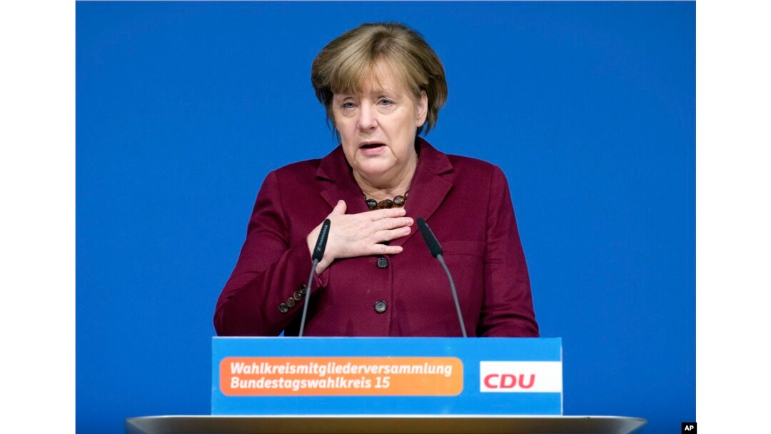 German Chancellor Angela Merkel delivers a speech at a local meeting of her Christian Democrats in Grimmen, northern Germany, Jan. 28, 2017.
