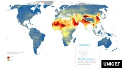 유니세프가 공개한 전세계 아동의 대기오염 노출 지도. 붉은색은 특히 오염이 심각한 지역을 나타낸다.
