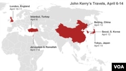 Secretary of State John Kerry travels to the following cities in April.