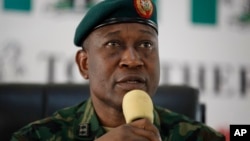 Maj. Gen. Chris Olukolade, Nigeria's top military spokesman, speaks during a press conference on the abducted school girls in Abuja, Nigeria, May 28, 2014. 