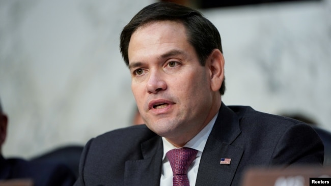 Senator Marco Rubio questions witnesses before the Senate Intelligence Committee hearing about "worldwide threats" on Capitol Hill in Washington, Jan. 29, 2019.