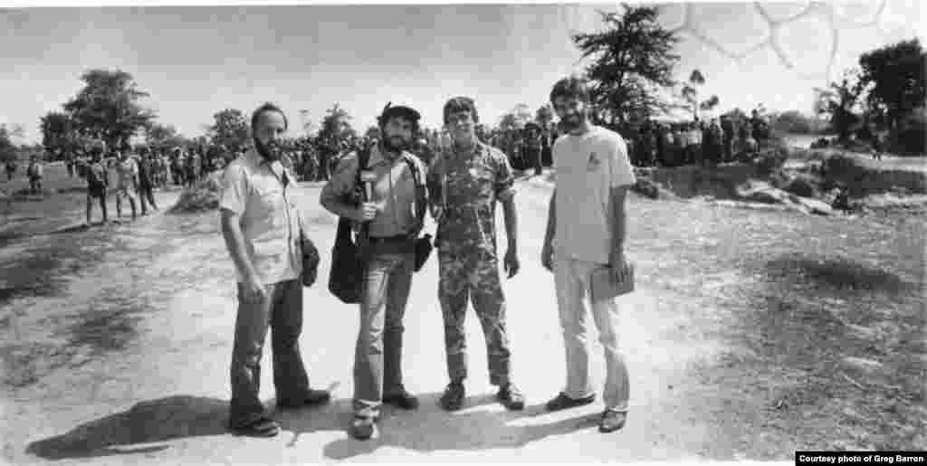 &nbsp;Greg Barron with his Trampled Grass team members, Craig and Mike, and a Cambodian guide, in Thailand, in November, 1979.