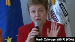 EU Humanitarian Commissioner Kristalina Georgieva makes a point at a conference in Washington on Saturday, April 12, 2014.
