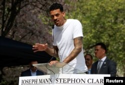 Matt Barnes, former player with the Sacramento Kings of the National Basketball Association, speaks at a rally to protest the police shooting of Stephon Clark, in Sacramento, Calif., March 31, 2018.
