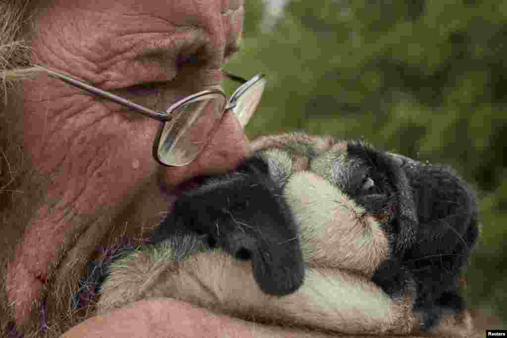 Robert Hooper, exhausted after several days with little sleep, hugs his dog Toby on his property that was burnt by the so-called Valley Fire near Middleton, California, Sept. 14, 2015. The Northern California wildfire ranked as the most destructive to hit the drought-stricken U.S. West this year has claimed one life and burned at least 400 homes to the ground, fire officials reported, saying they expected the property toll to climb.