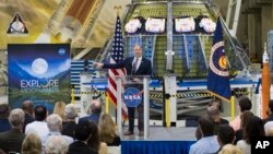NASA Administrator Jim Bridenstine talks to employees about the agency's progress toward sending astronauts to the moon and on to Mars during a televised event, March 11, 2019, at the Neil Armstrong Operations and Checkout Building at NASA's Kennedy Space Center in Florida. 