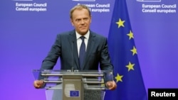 European Council President Donald Tusk briefs the media after Britain voted to leave the bloc, in Brussels, Belgium, June 24, 2016.