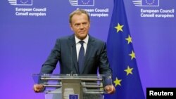 Chủ tịch Ủy hội Âu châu Donald Tusk tại cuộc họp báo ở Brussels, Bỉ, ngày 24/6/2016 sau khi diễn ra cuộc trưng cầu dân ý ở Anh.