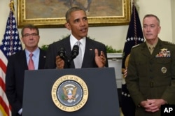 President Barack Obama, flanked by Defense Secretary Ash Carter, left, and Joint Chiefs Chairman Gen. Joseph Dunford, makes a statement on Afghanistan from the Roosevelt Room of the White House in Washington, July 6, 2016.