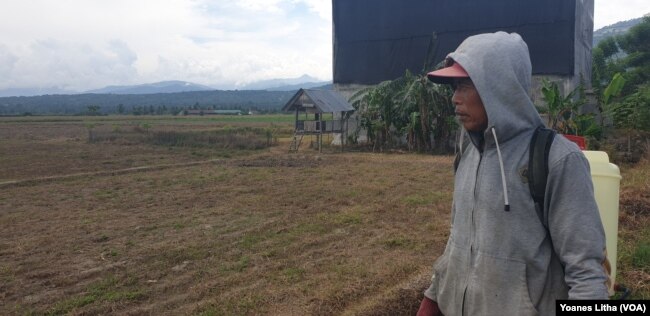 Dirman (51) menatap ke arah areal persawahan yang tidak lagi dapat difungsikan untuk menanam padi karena tidak adanya pasokan air dari saluran irigasi Gumbasa yang rusak akibat peristiwa gempa bumi 28 September 2018 silam. (10 Juli 2019). (Foto: VOA/Yoane