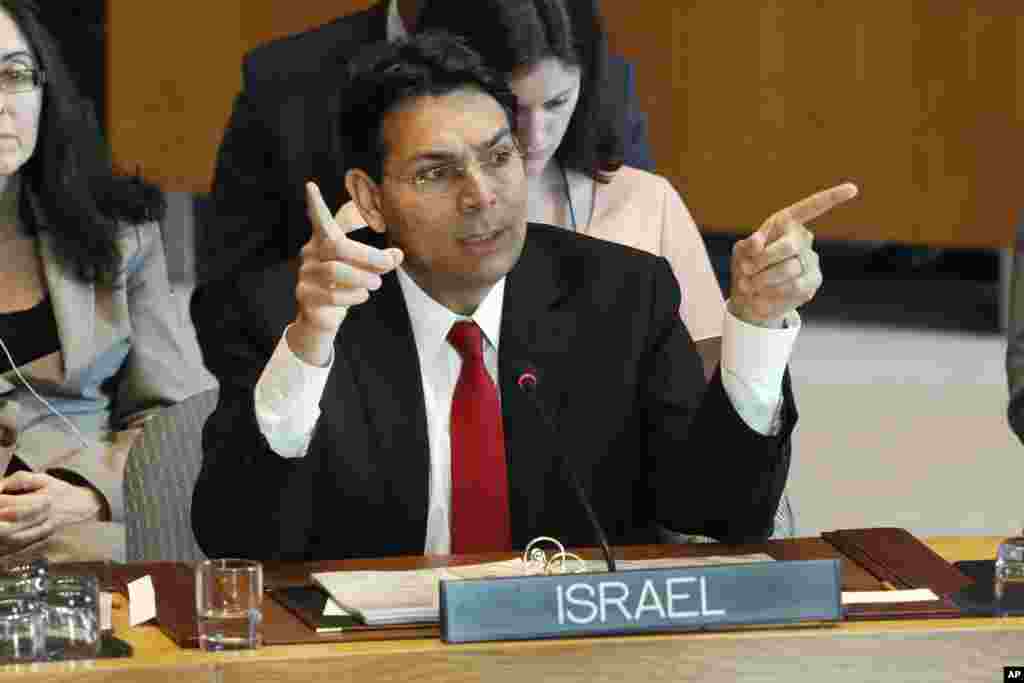 &laquo;دنی دنون&raquo; نماینده اسرائیل در سازمان ملل در جلسه ای در باره اسرائیل سخن می گوید.&nbsp;