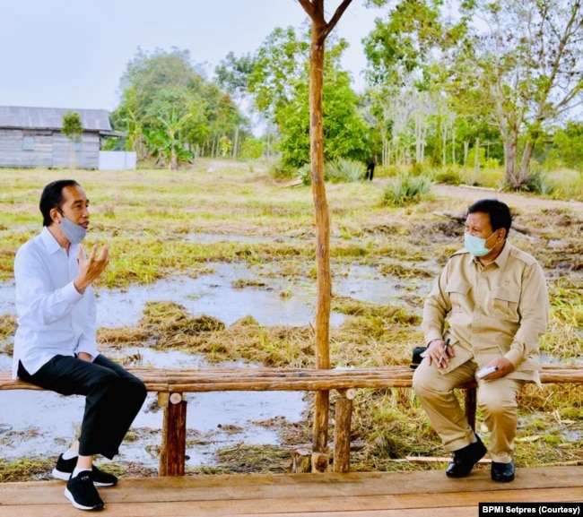 Presiden Jokowi dan Menhan Prabowo Subiyanto di lokasi pengembangan lumbung pangan nasional, Kalimantan Tengah, Kamis, 9 Juli 2020. (Foto: Courtesy/BPMI Setpres)