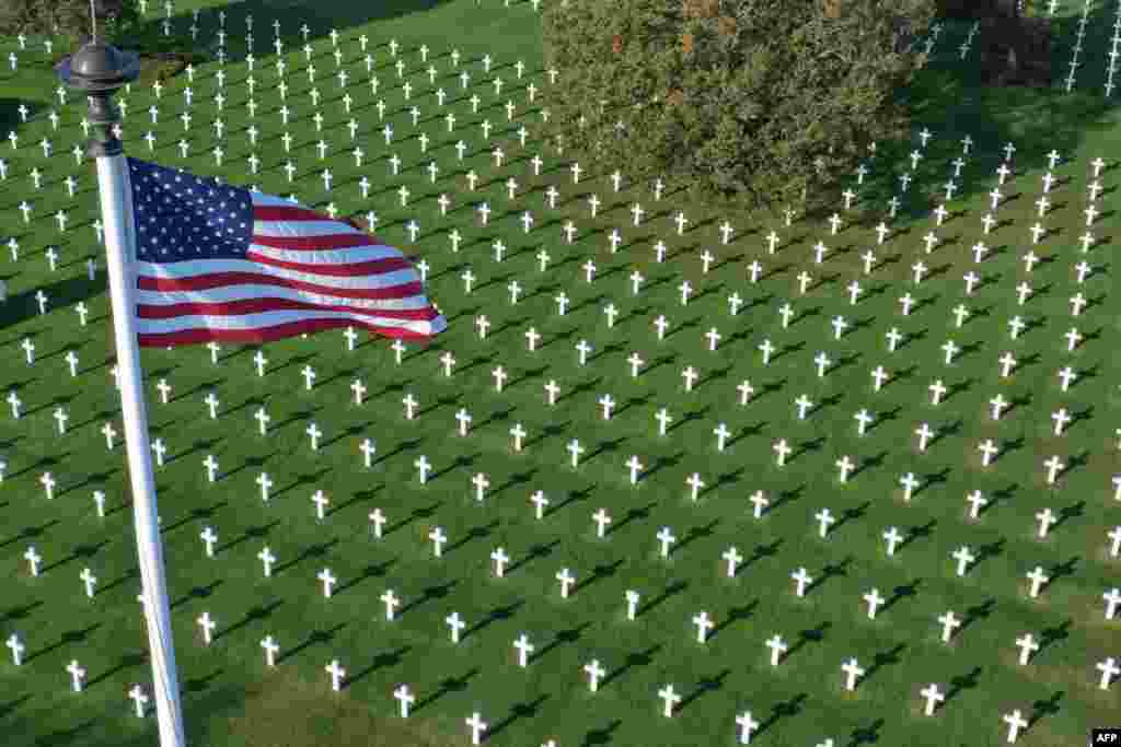 This aerial picture taken on Oct, 15, 2018 shows Normandy American Cemetery close to Omaha beach in Colleville-sur-Mer, on the French western Norman coast.