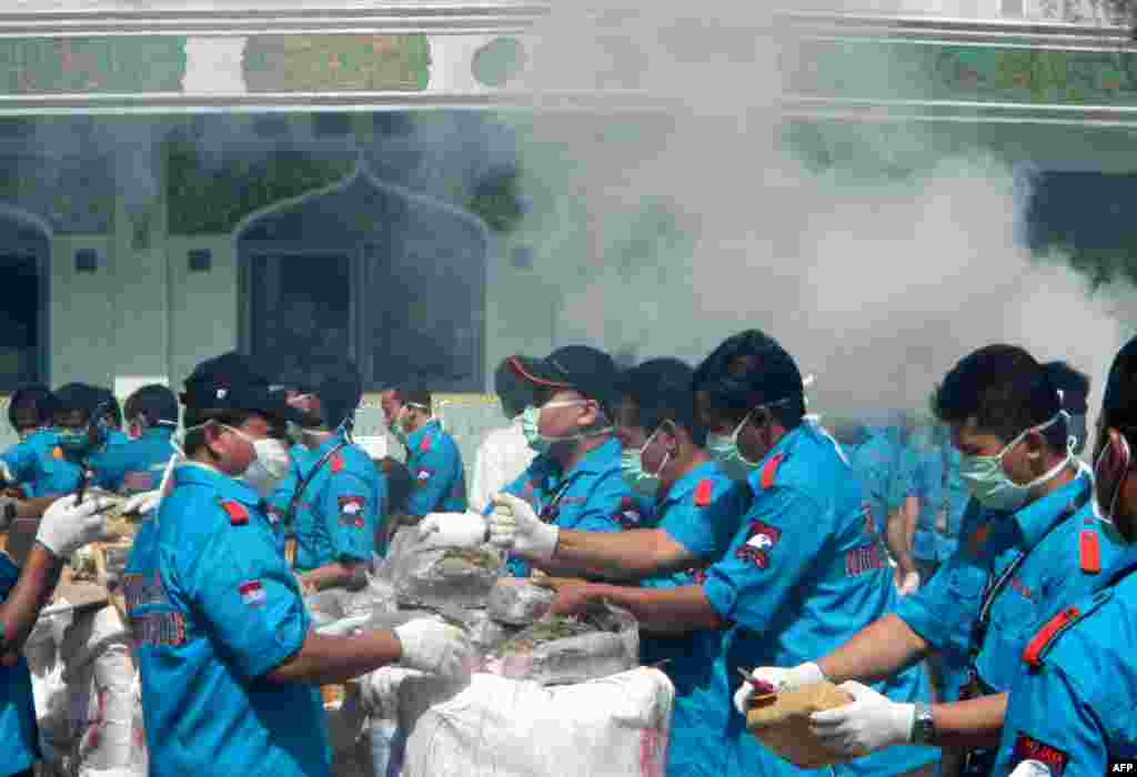 Indonesian narcotics police destroy 1.4 tons of seized marijuana from series of raids in Jakarta. 