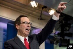 Treasury Secretary Steve Mnuchin takes a question in the briefing room of the White House in Washington, April 26, 2017, where he discussed President Donald Trump's tax proposals and defended his refusal to release his returns.
