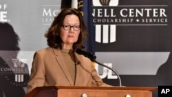 CIA Director Gina Haspel addresses the audience as part of the McConnell Center Distinguished Speaker Series at the University of Louisville, in Louisville, Ky., Sept. 24, 2018. 