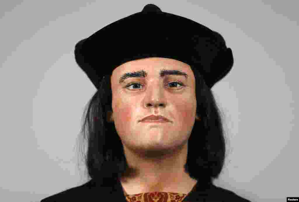 A facial reconstruction of King Richard III is displayed at a news conference in London, February 5, 2013. 