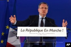 Richard Ferrand, the secretary-general of Macron's Republic on the Move, attends a press conference for the upcoming National Assembly elections, at the party headquarters in Paris, May 11, 2017.